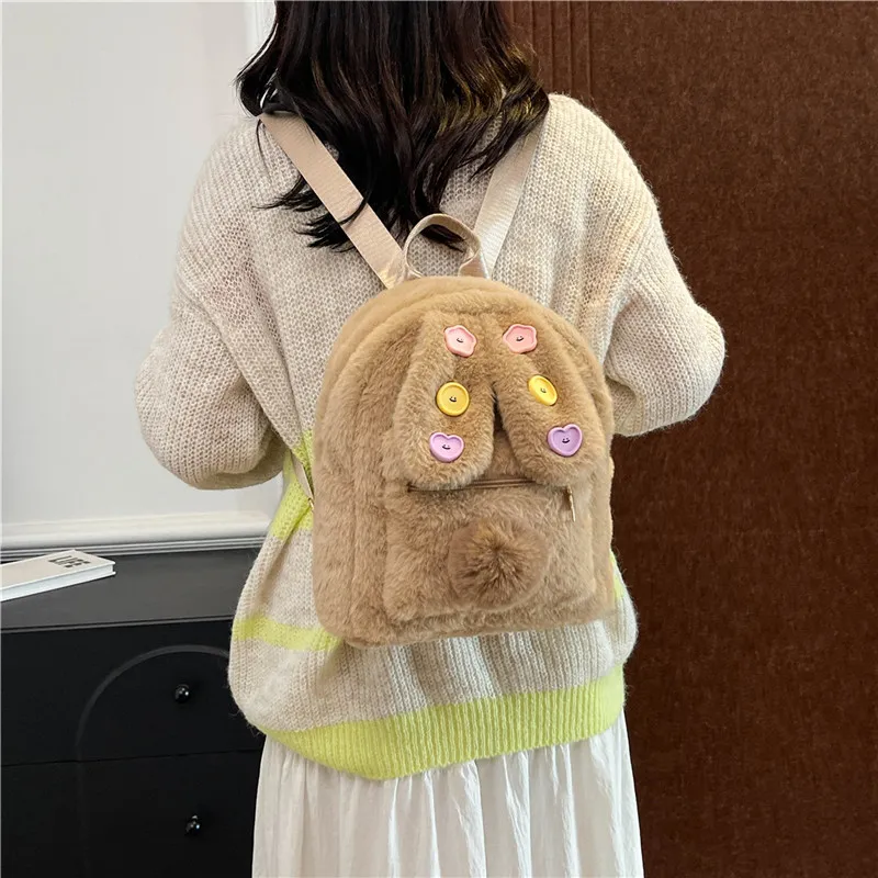 KARUISHA Plush Backpack Women's Ecru/Pink/Brown/Coffee-12