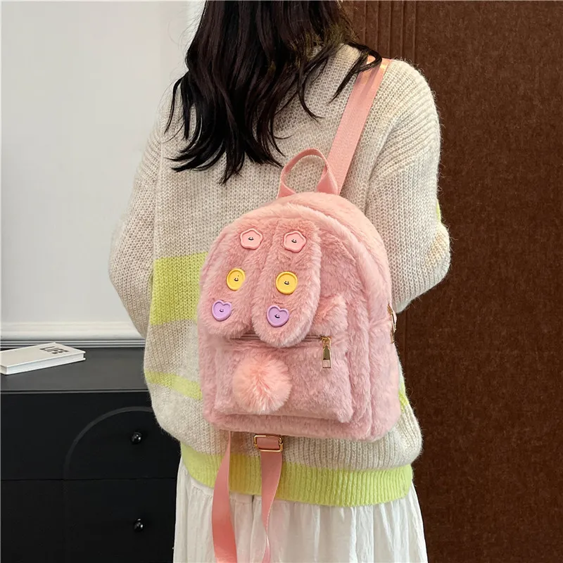 KARUISHA Plush Backpack Women's Ecru/Pink/Brown/Coffee-6