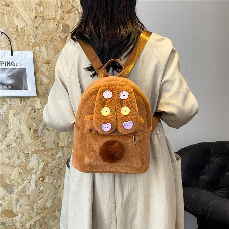 KARUISHA Plush Backpack Women's Ecru/Pink/Brown/Coffee-9