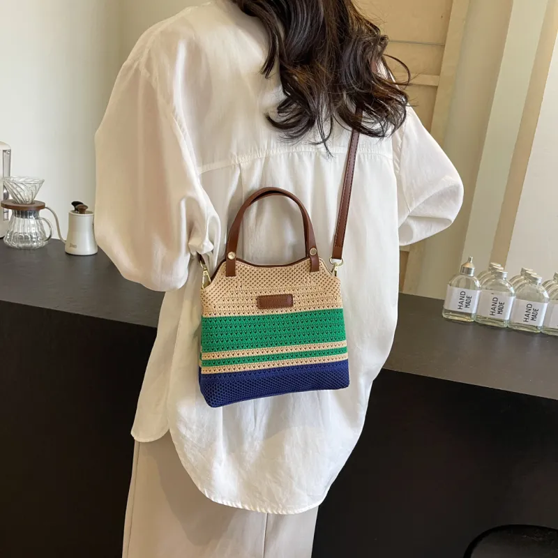 KARUISHA Woven Shoulder Bag, Crossbody Bag, Handbag Regular Women's Green & Blue/Khaki-5