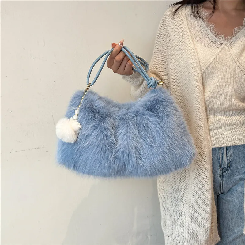 KARUISHA Plush Handbag Shoulder Bag Women's Coffee/Black/White/Blue/Pink-17