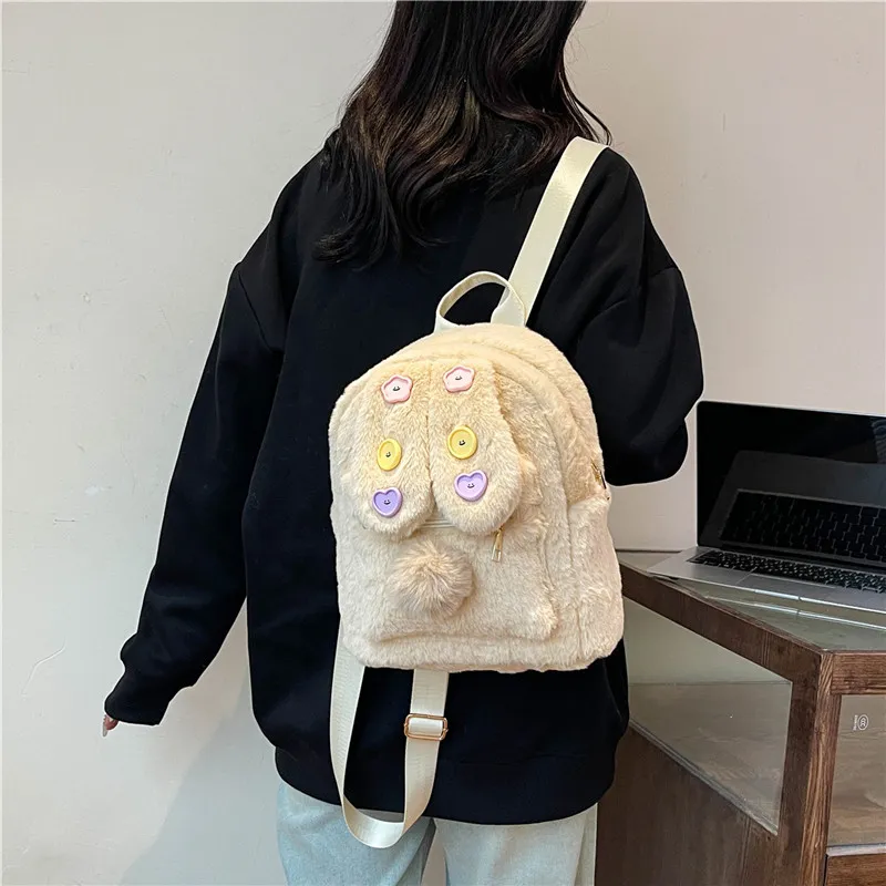 KARUISHA Plush Backpack Women's Ecru/Pink/Brown/Coffee-3