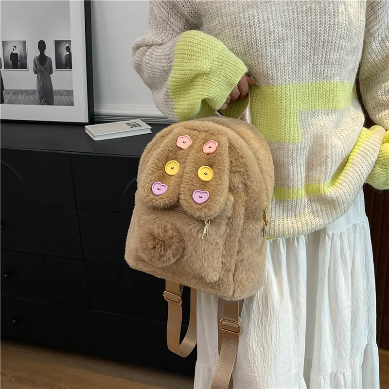 KARUISHA Plush Backpack Women's Ecru/Pink/Brown/Coffee-13