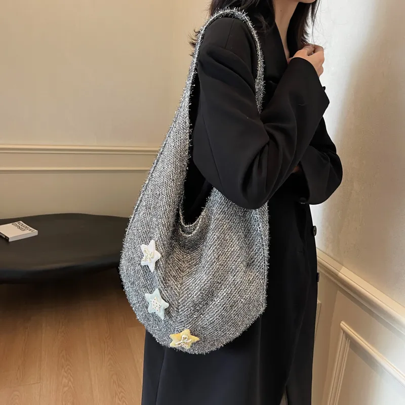 KARUISHA Knitted Fabric Shoulder Bag Crossbody Bag Women's Black Gray Green Silver-7