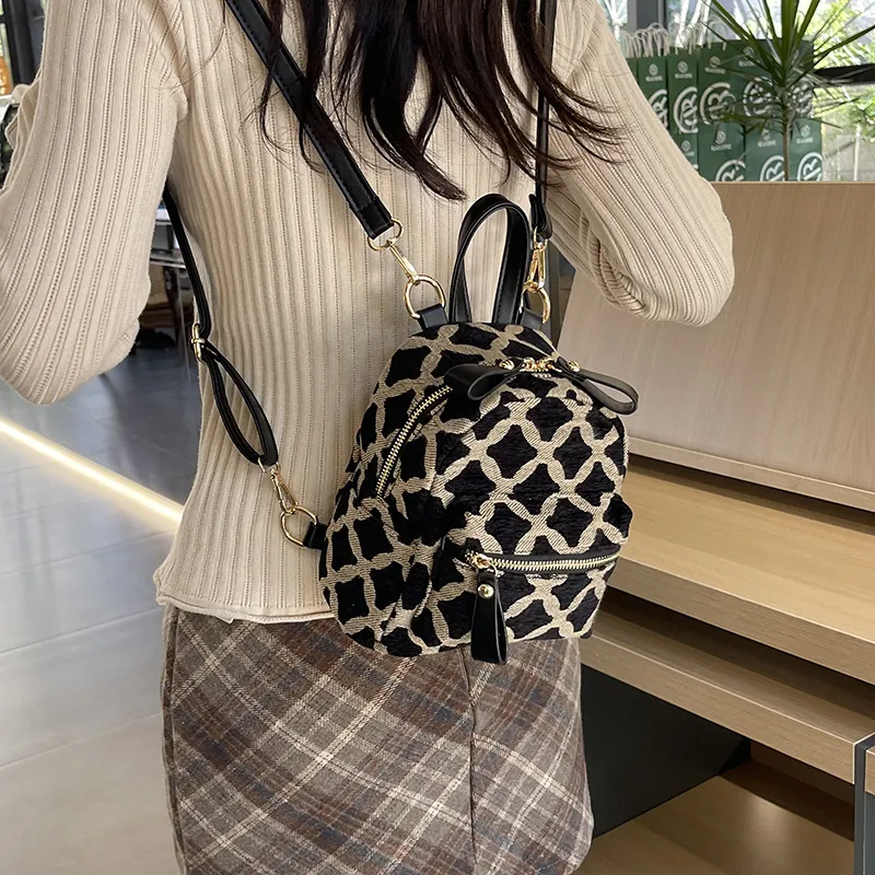 KARUISHA Fabric Portable Crossbody Backpack Women's Beige/Black-8