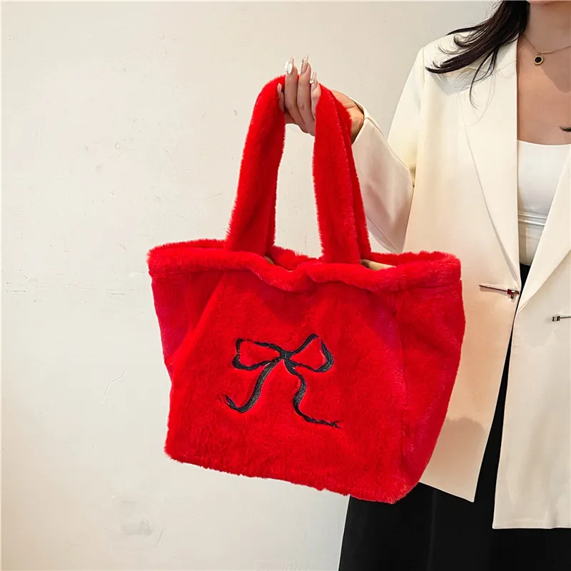 KARUISHA Velour One Shoulder Handbag Women's Ecru/Pink/Black/Rose Red/Red/Brown-19