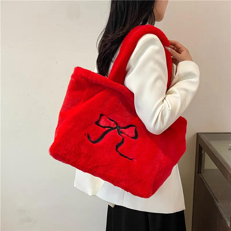 KARUISHA Velour One Shoulder Handbag Women's Ecru/Pink/Black/Rose Red/Red/Brown-21