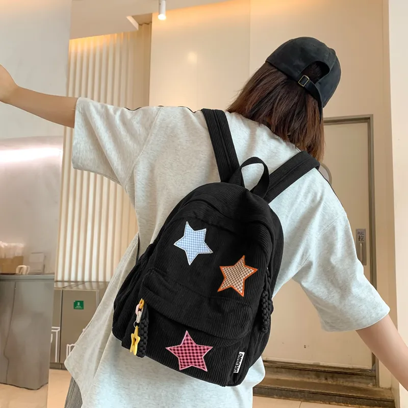 KARUISHA Corduroy Backpack Women's Black/Red/Gray/Ecru/Dark Green/Fruit Green/Yellow/Khaki-4