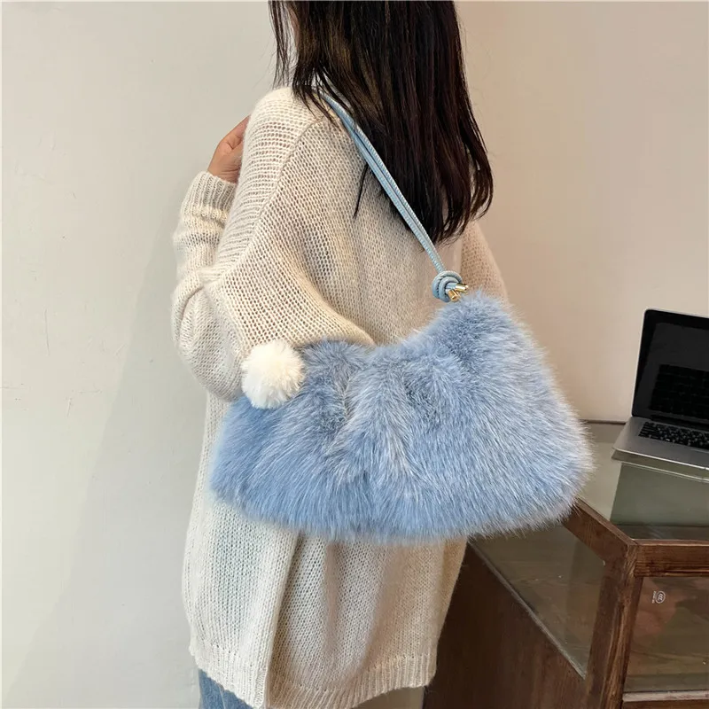 KARUISHA Plush Handbag Shoulder Bag Women's Coffee/Black/White/Blue/Pink-15