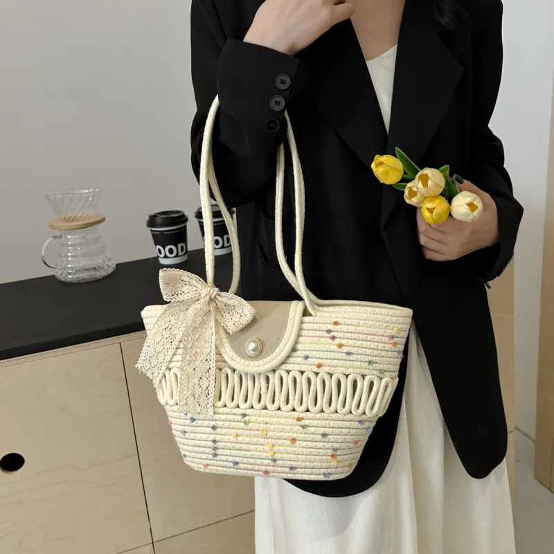 KARUISHA Woven Shoulder Bag Regular Women's Ecru/Multicolor/Yellow Brown/Khaki-6