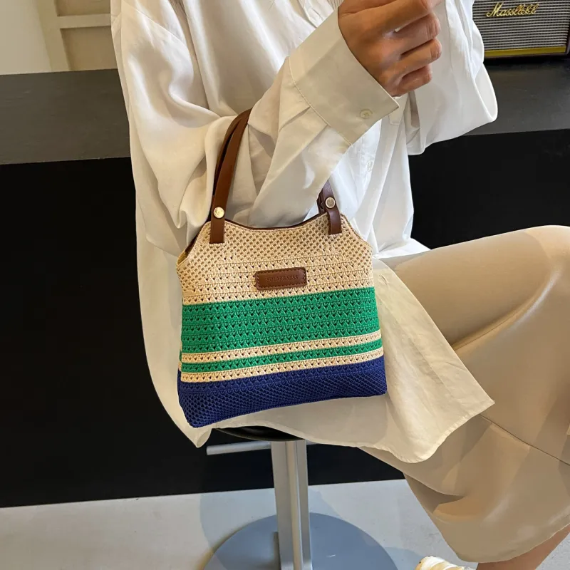 KARUISHA Woven Shoulder Bag, Crossbody Bag, Handbag Regular Women's Green & Blue/Khaki-6