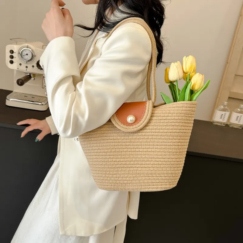 KARUISHA Woven Shoulder Bag Regular Women's Ecru/Multicolor/Yellow Brown/Khaki-18
