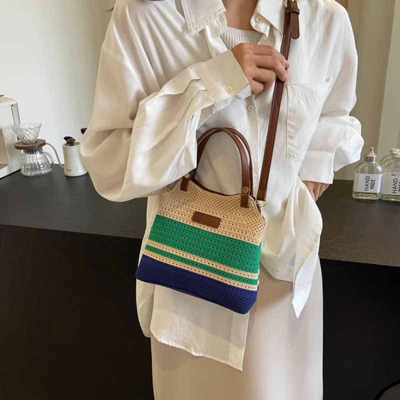KARUISHA Woven Shoulder Bag, Crossbody Bag, Handbag Regular Women's Green & Blue/Khaki-1