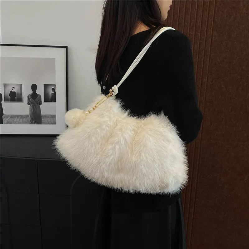 KARUISHA Plush Handbag Shoulder Bag Women's Coffee/Black/White/Blue/Pink-10