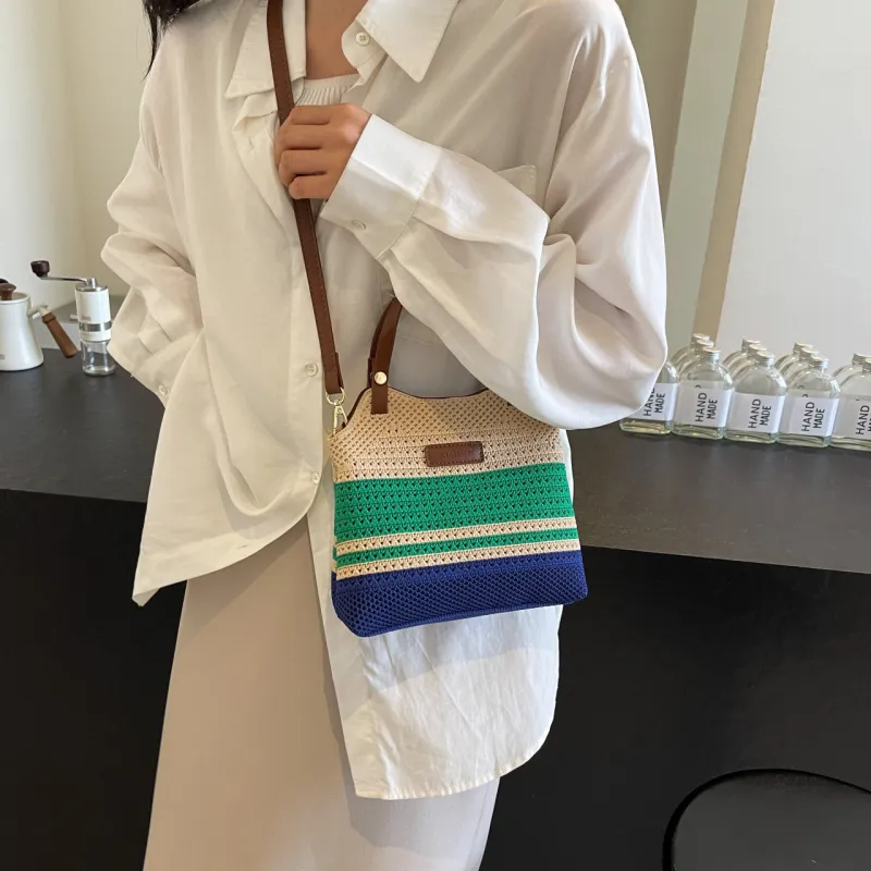 KARUISHA Woven Shoulder Bag, Crossbody Bag, Handbag Regular Women's Green & Blue/Khaki-3