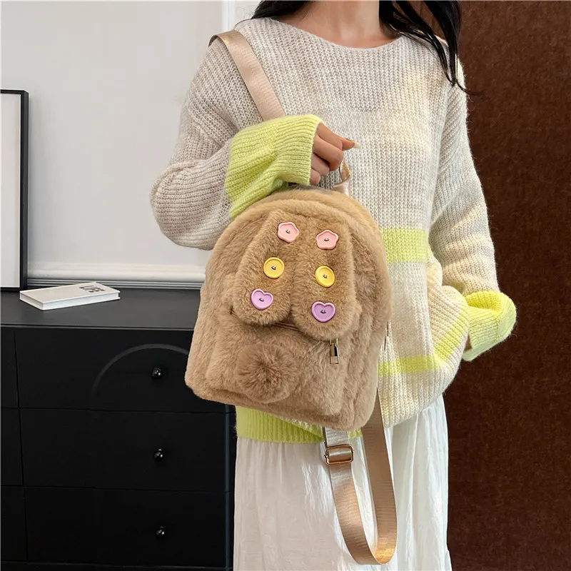 KARUISHA Plush Backpack Women's Ecru/Pink/Brown/Coffee-11