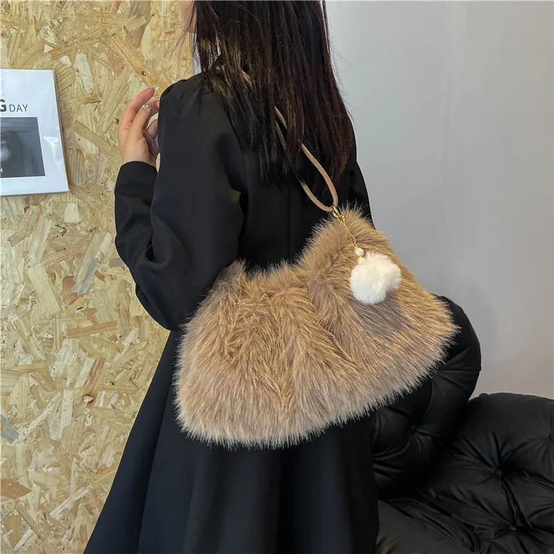 KARUISHA Plush Handbag Shoulder Bag Women's Coffee/Black/White/Blue/Pink-2