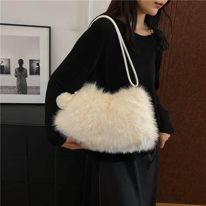 KARUISHA Plush Handbag Shoulder Bag Women's Coffee/Black/White/Blue/Pink-12