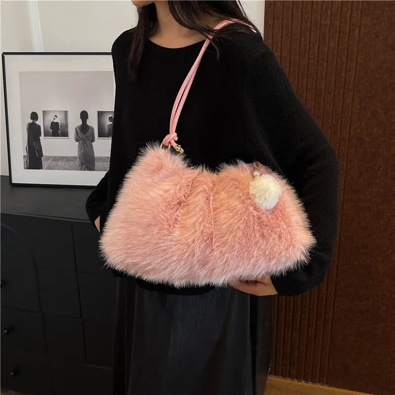 KARUISHA Plush Handbag Shoulder Bag Women's Coffee/Black/White/Blue/Pink-22