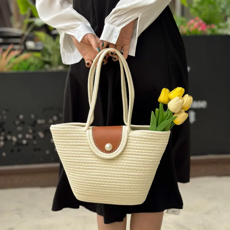 KARUISHA Woven Shoulder Bag Regular Women's Ecru/Multicolor/Yellow Brown/Khaki-12