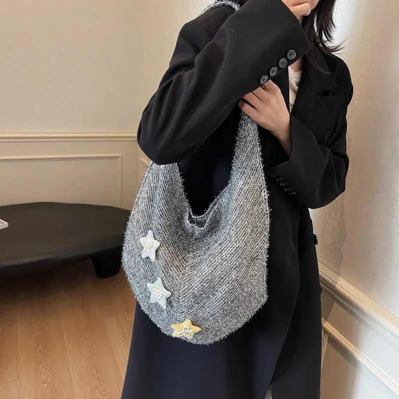 KARUISHA Knitted Fabric Shoulder Bag Crossbody Bag Women's Black Gray Green Silver-5