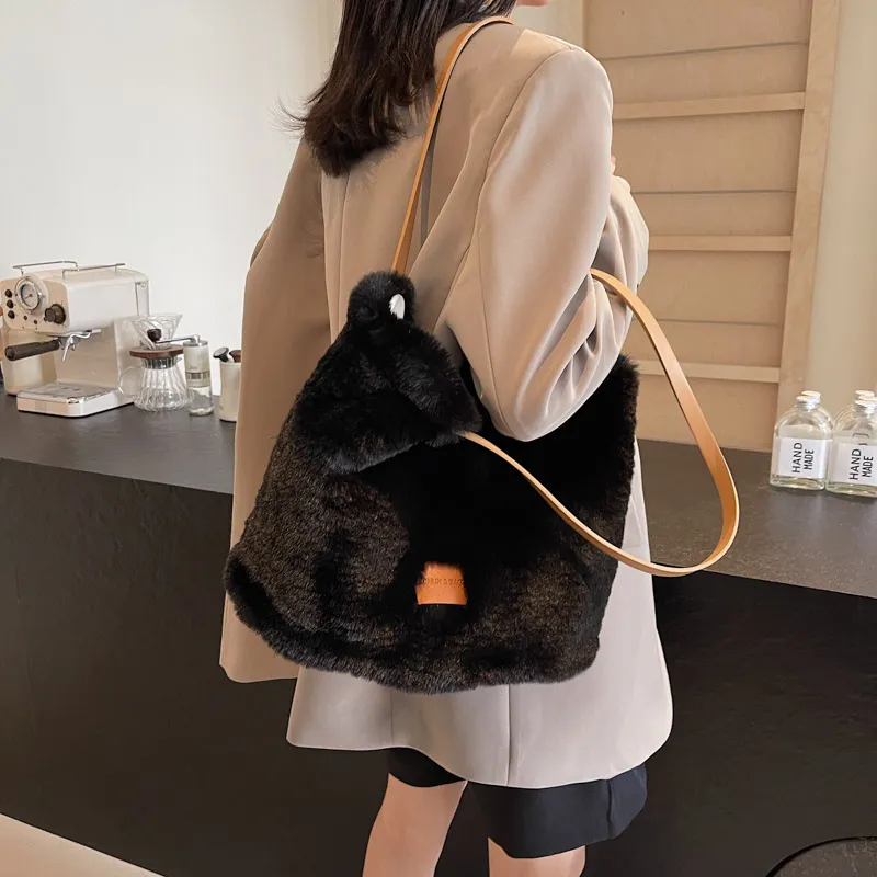KARUISHA Fuzzy Handbag, Shoulder Bag Regular Women's Black/Brown/Ecru-2
