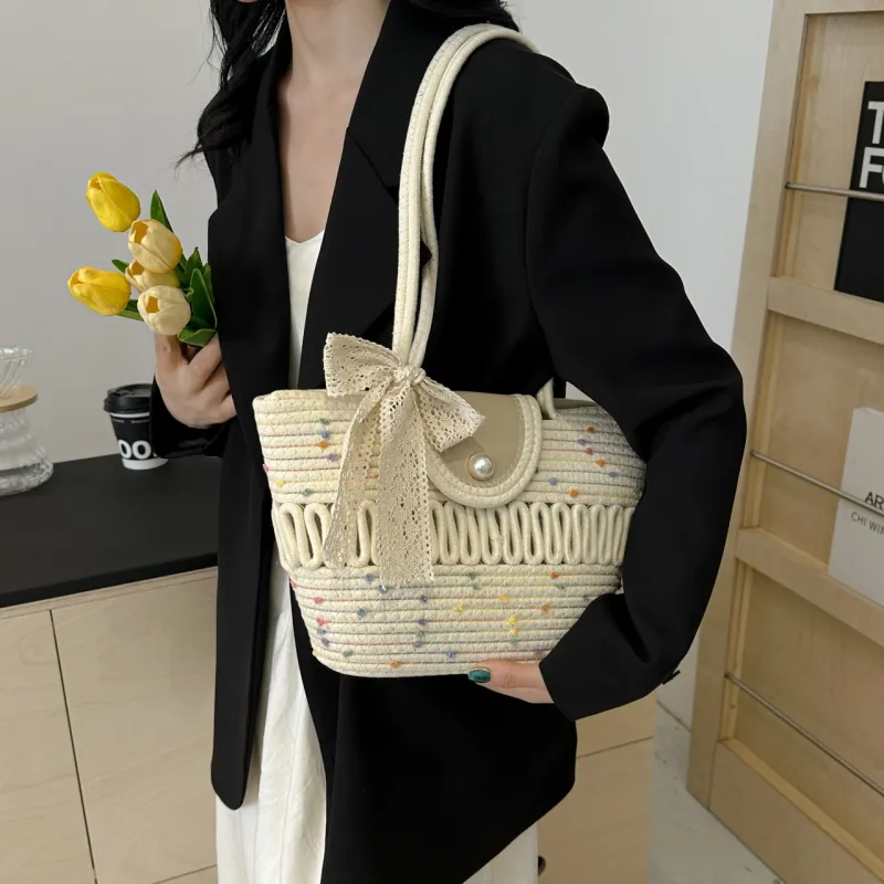 KARUISHA Woven Shoulder Bag Regular Women's Ecru/Multicolor/Yellow Brown/Khaki-9