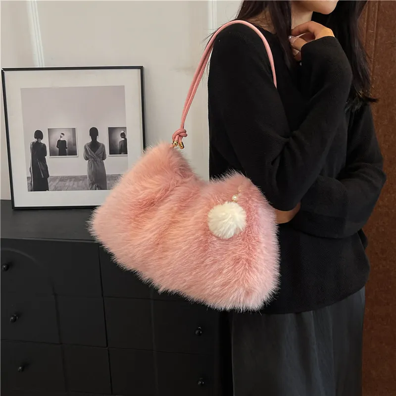 KARUISHA Plush Handbag Shoulder Bag Women's Coffee/Black/White/Blue/Pink-20