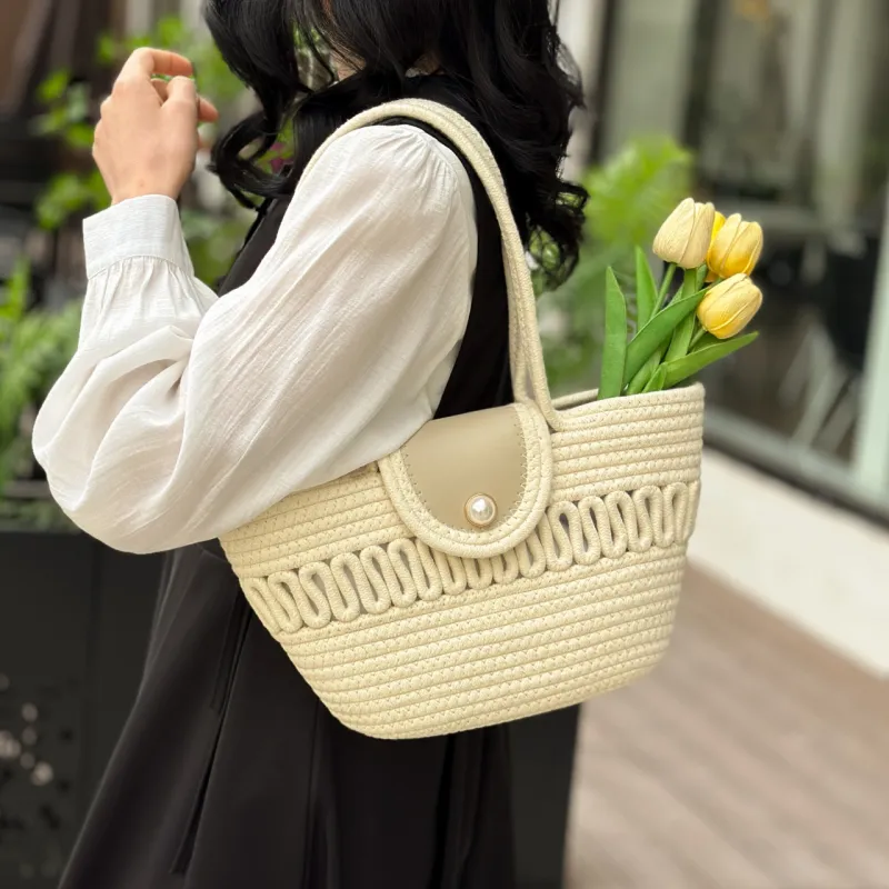 KARUISHA Woven Shoulder Bag Regular Women's Ecru/Multicolor/Yellow Brown/Khaki-2