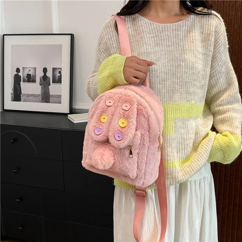 KARUISHA Plush Backpack Women's Ecru/Pink/Brown/Coffee-5