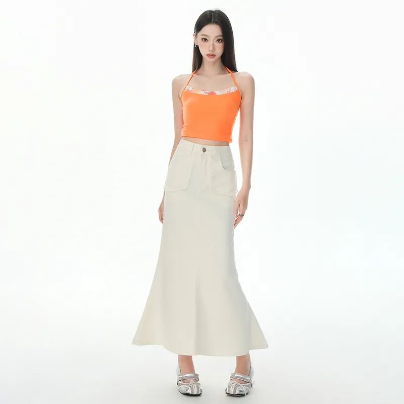 LCEVHZ'S Denim Long Skirt Women's Beige Apricot-5