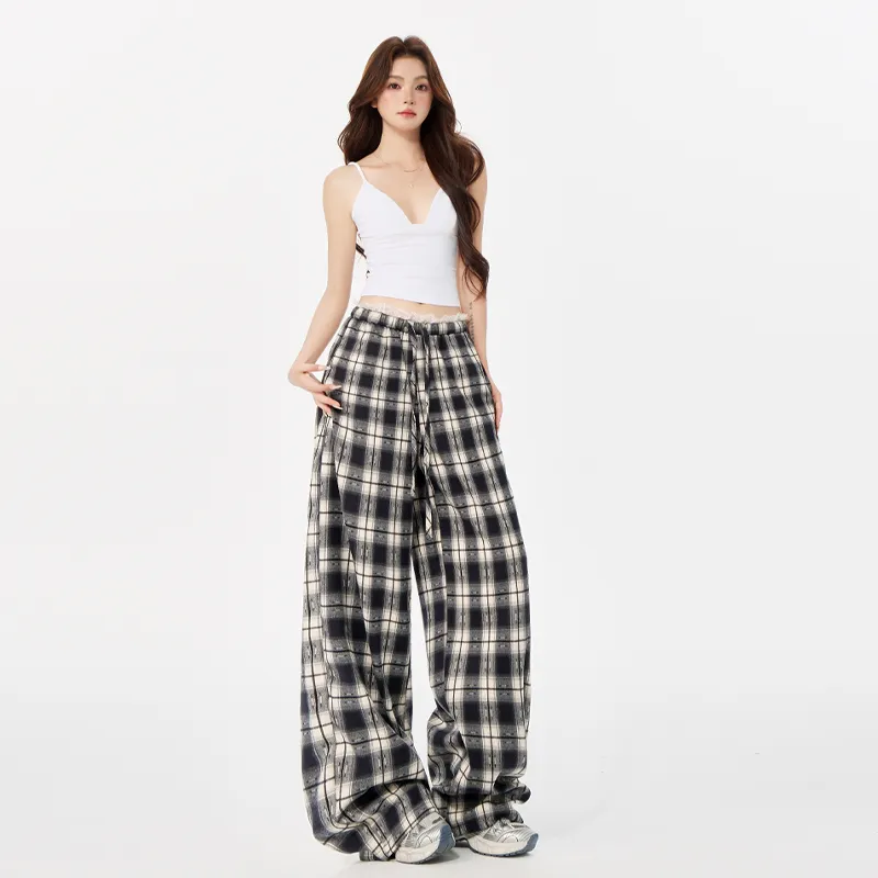 LCEVHZ'S Casual Pants Women's Lace Trim Plaid-6