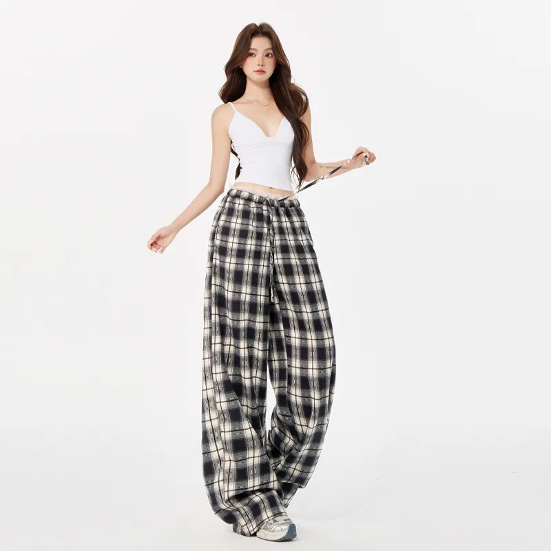 LCEVHZ'S Casual Pants Women's Lace Trim Plaid-7