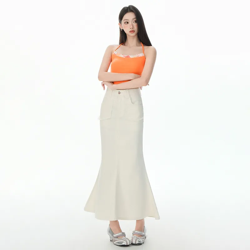LCEVHZ'S Denim Long Skirt Women's Beige Apricot-2