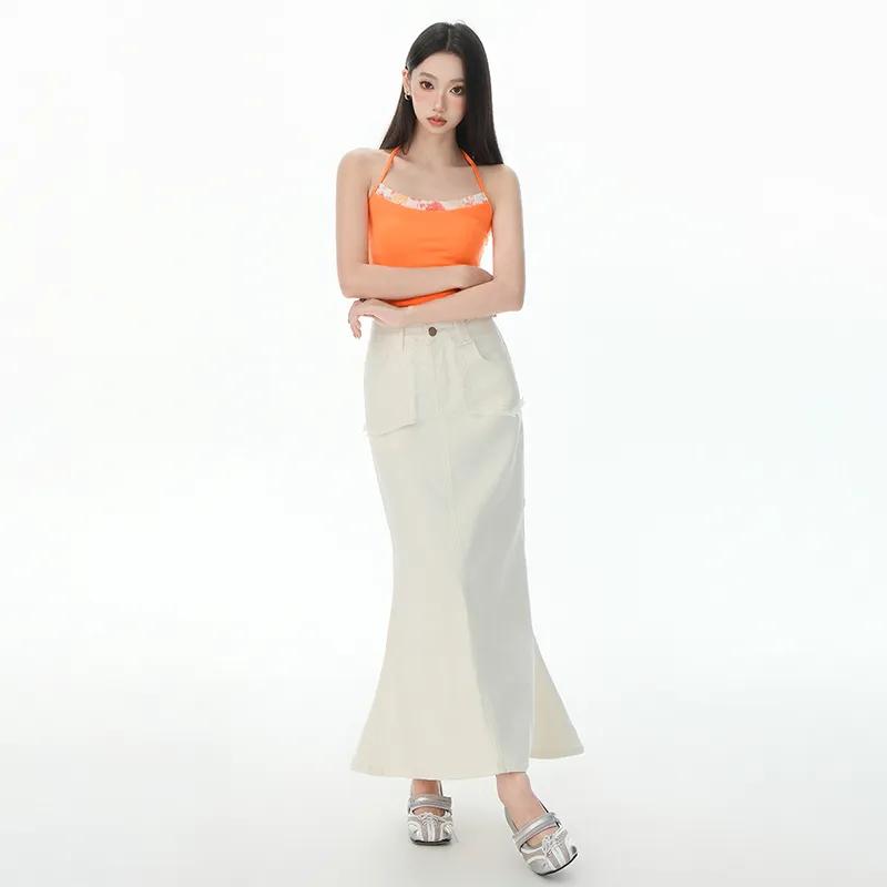 LCEVHZ'S Denim Long Skirt Women's Beige Apricot-4