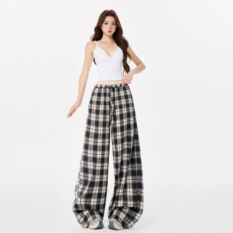 LCEVHZ'S Casual Pants Women's Lace Trim Plaid-2