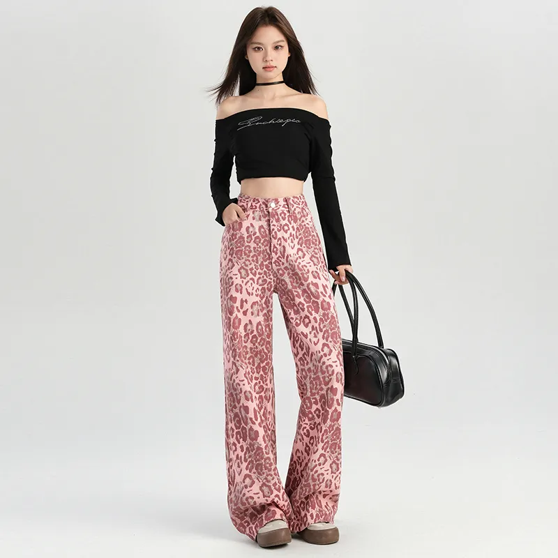 LCEVHZ'S Jeans Women's Pink Leopard Print-2