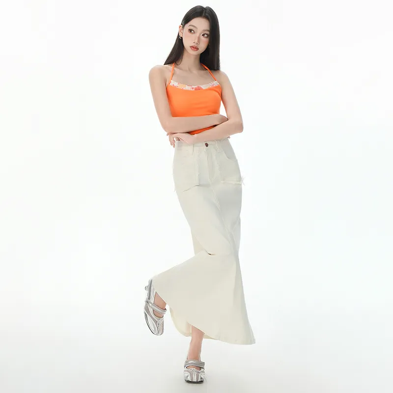 LCEVHZ'S Denim Long Skirt Women's Beige Apricot-3