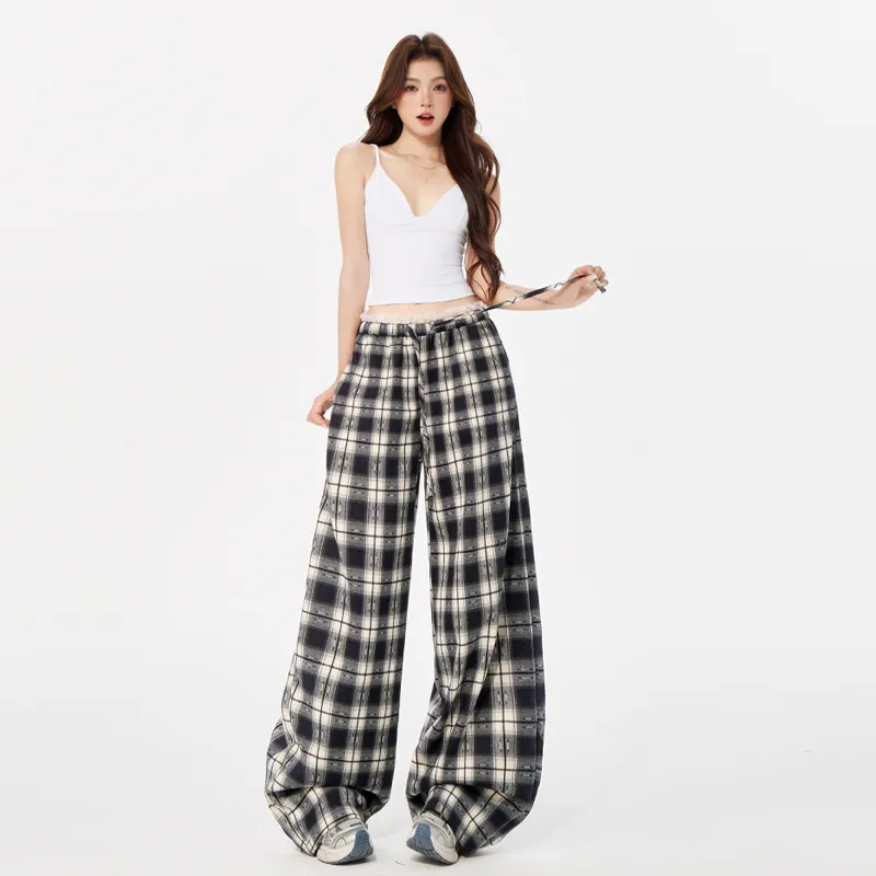 LCEVHZ'S Casual Pants Women's Lace Trim Plaid-5