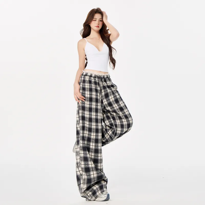LCEVHZ'S Casual Pants Women's Lace Trim Plaid-3