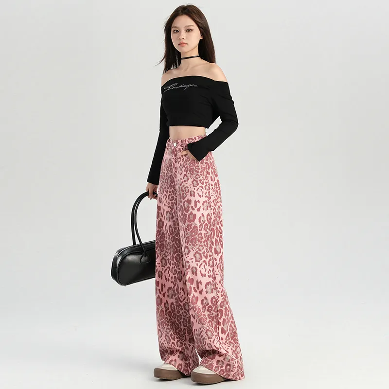 LCEVHZ'S Jeans Women's Pink Leopard Print-3