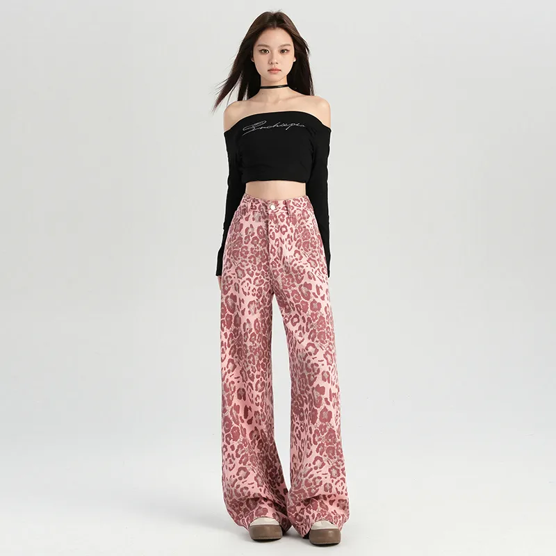 LCEVHZ'S Jeans Women's Pink Leopard Print-4