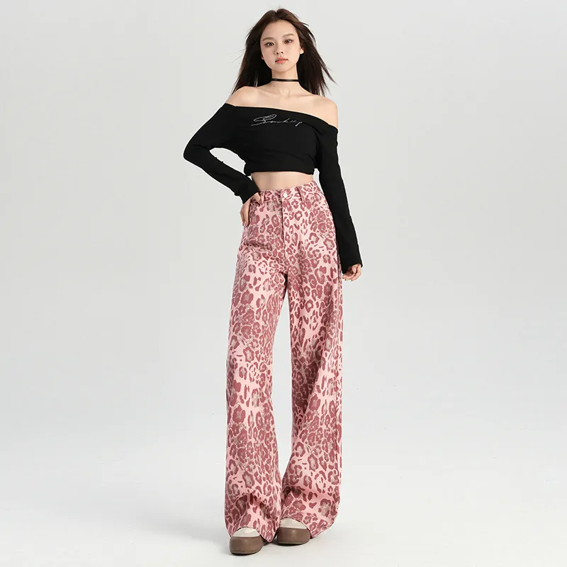 LCEVHZ'S Jeans Women's Pink Leopard Print-6