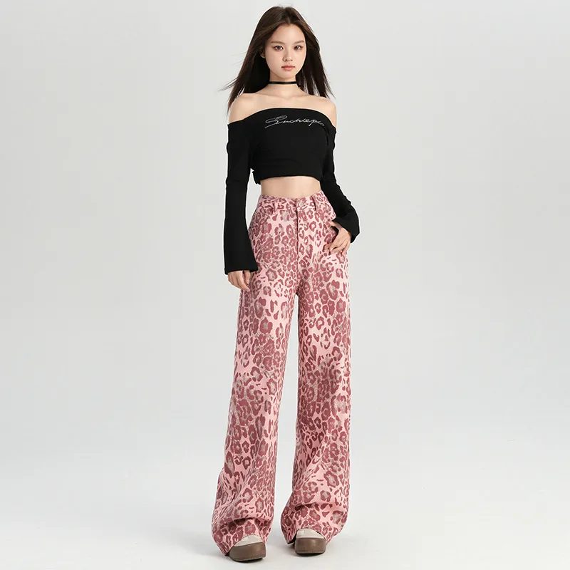 LCEVHZ'S Jeans Women's Pink Leopard Print-5