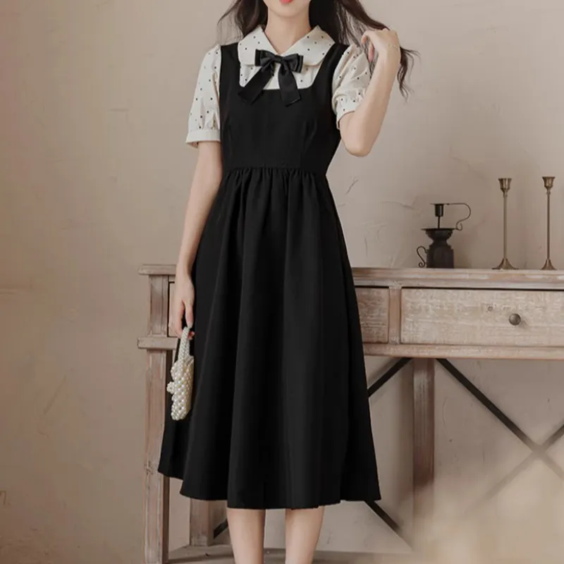 Alxnan Short Sleeved Dress Women's Black Apricot Patchwork-4