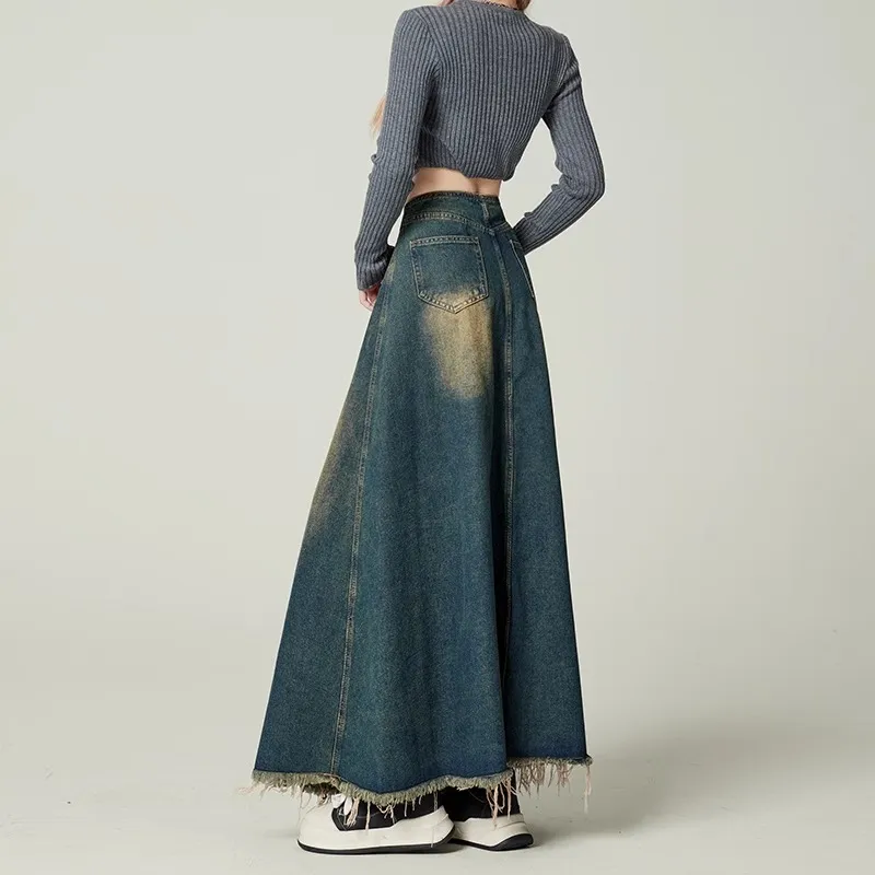 Alxnan Denim Long Skirts Women's Vintage Blue-3