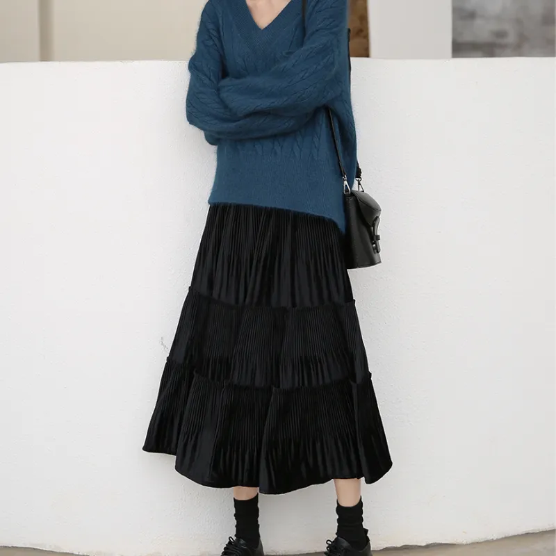 Alxnan Casual Long Skirts Women's Black-6