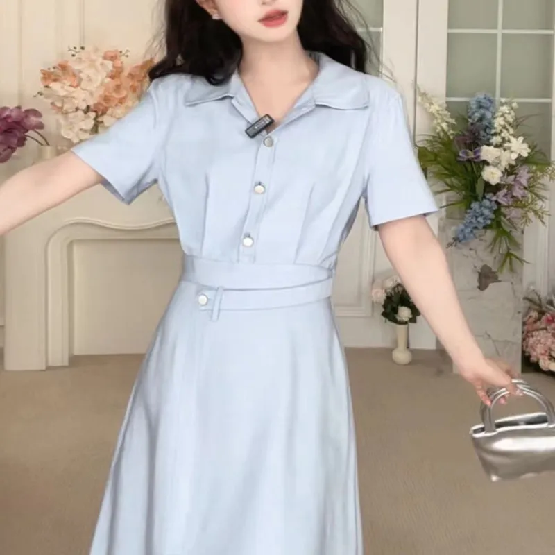 Alxnan Short Sleeved Dress Women's Blue-2