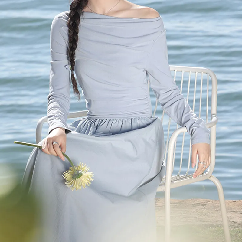 Alxnan Long Sleeved Dress Women's Light Blue-1