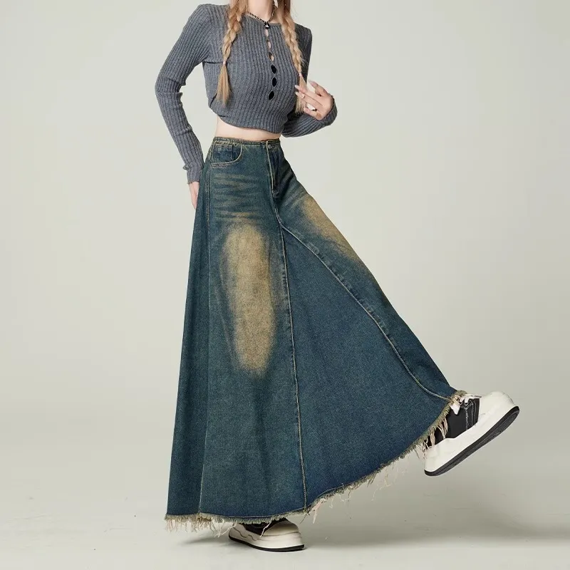Alxnan Denim Long Skirts Women's Vintage Blue-2
